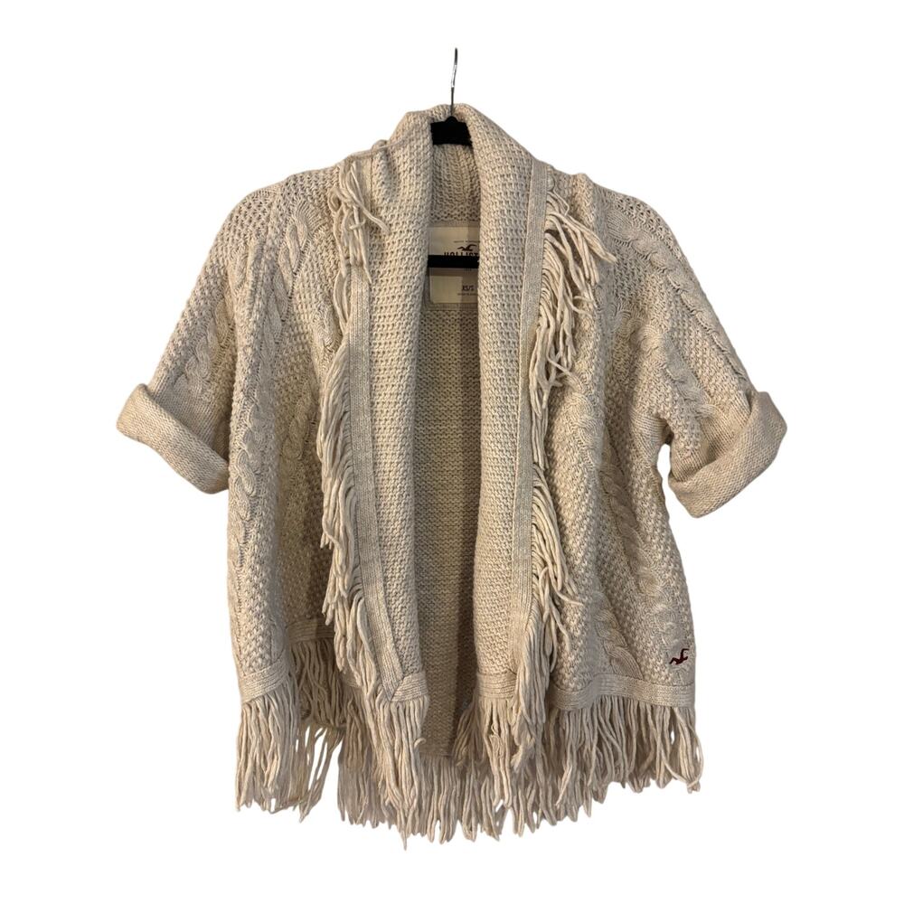 Hollister Fringe Cable Knit Sweater Cardigan Cream Short Sleeve XS/S Boho Cozy